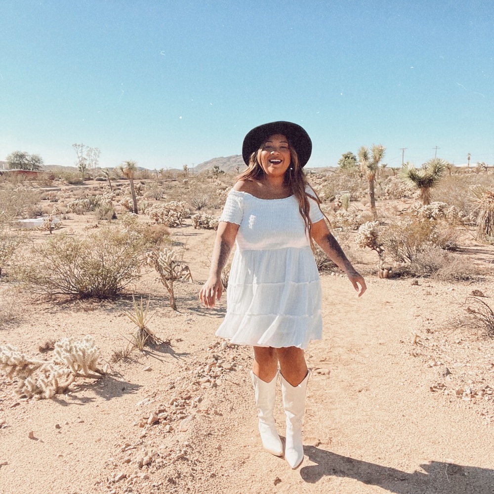 American Eagle Outfitters White off the shoulder Smocked Tiered Mini Dress